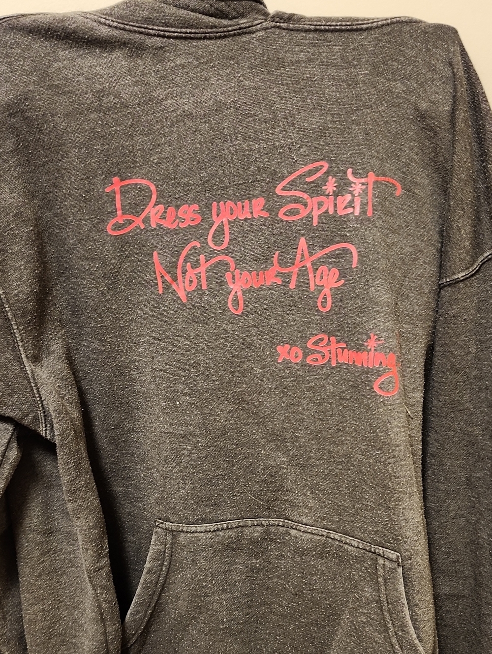 Women's Gray Hoodie with Pink Script Graphic - Dress Your Spirit